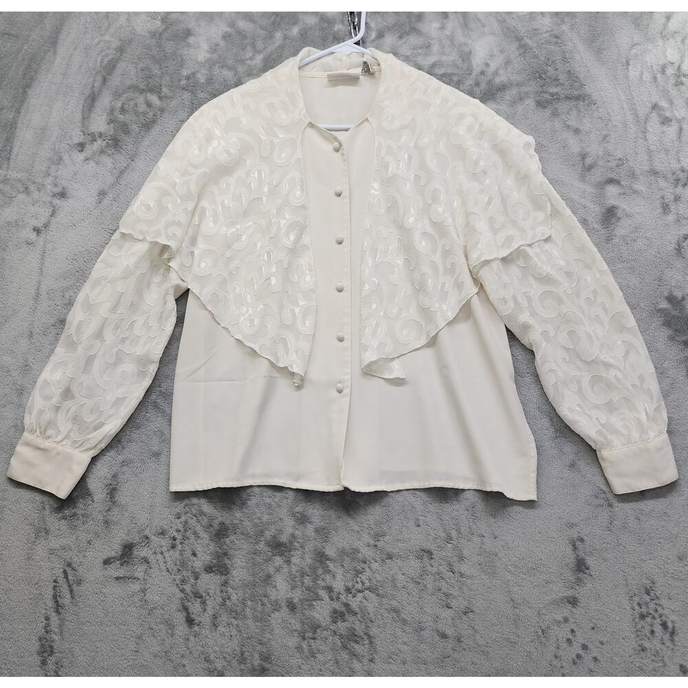 Vintage Ilyssa Maxx Chiffon Caped Button‎ Front Blouse Size 16 Ivory Cottagecore